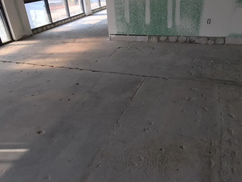 A bare grey concrete slab in a large open room with tall windows along one wall, straight joint lines crossing the floor and small scattered marks on the surface.
