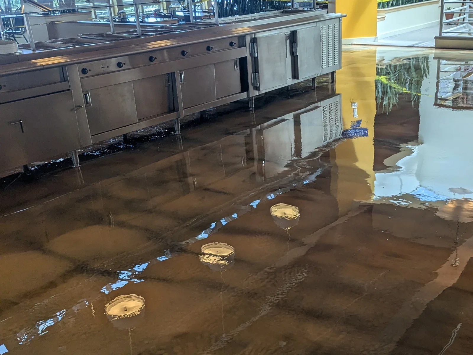 A glossy brown metallic floor beside a stainless steel serving counter, reflecting the ceiling lights and a bright window.